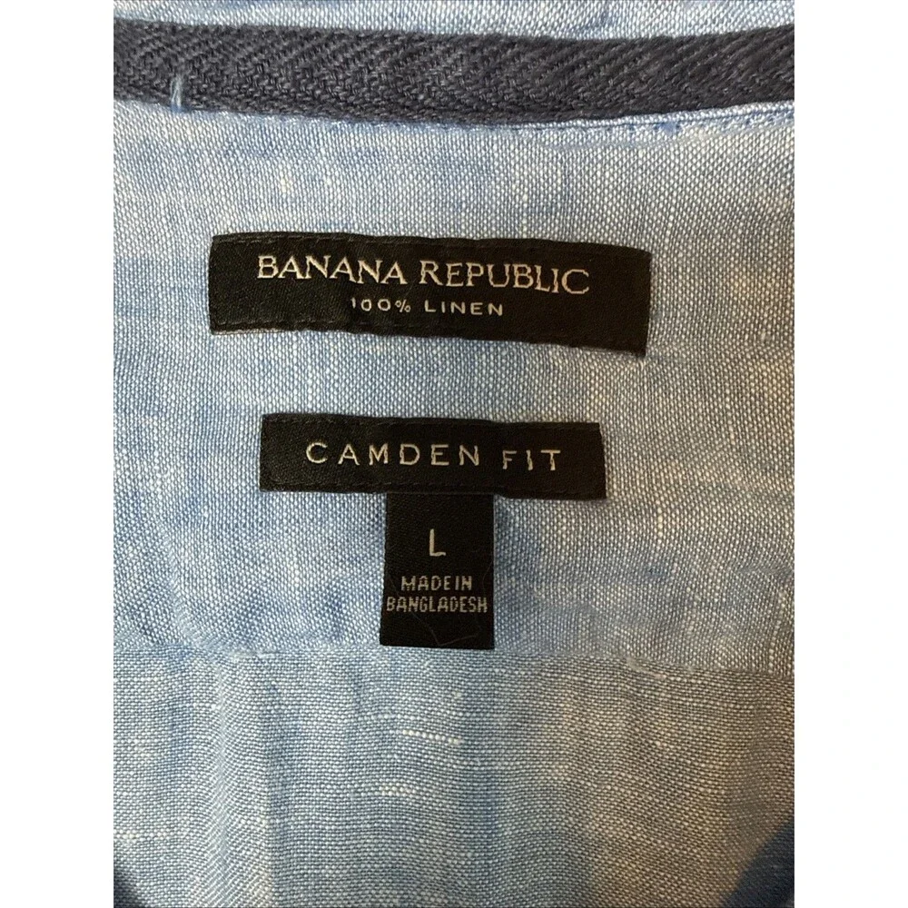 Banana Republic Men’s Large Camden Fit 100% Linen Short Sleeve Button Up Blue‎